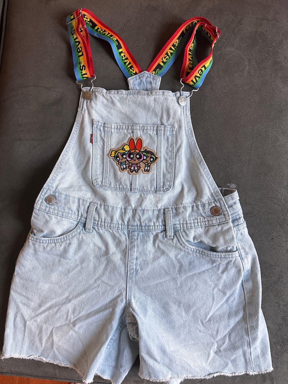 Y2K upcycled powerpuff Levi's Light Blue Denim Short Overalls with Rainbow Strap